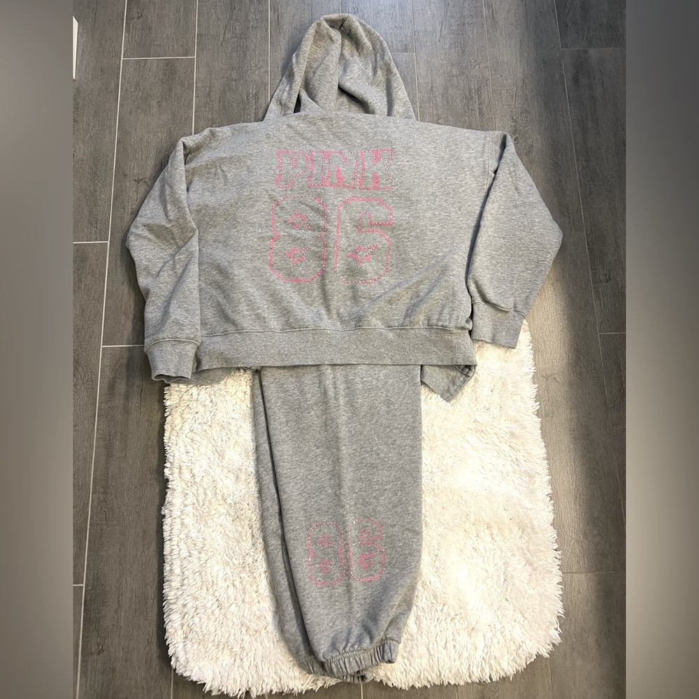 PINK Victoria's Secret Gray Joggers and matching hoodie with Pink Logo & bling ✨